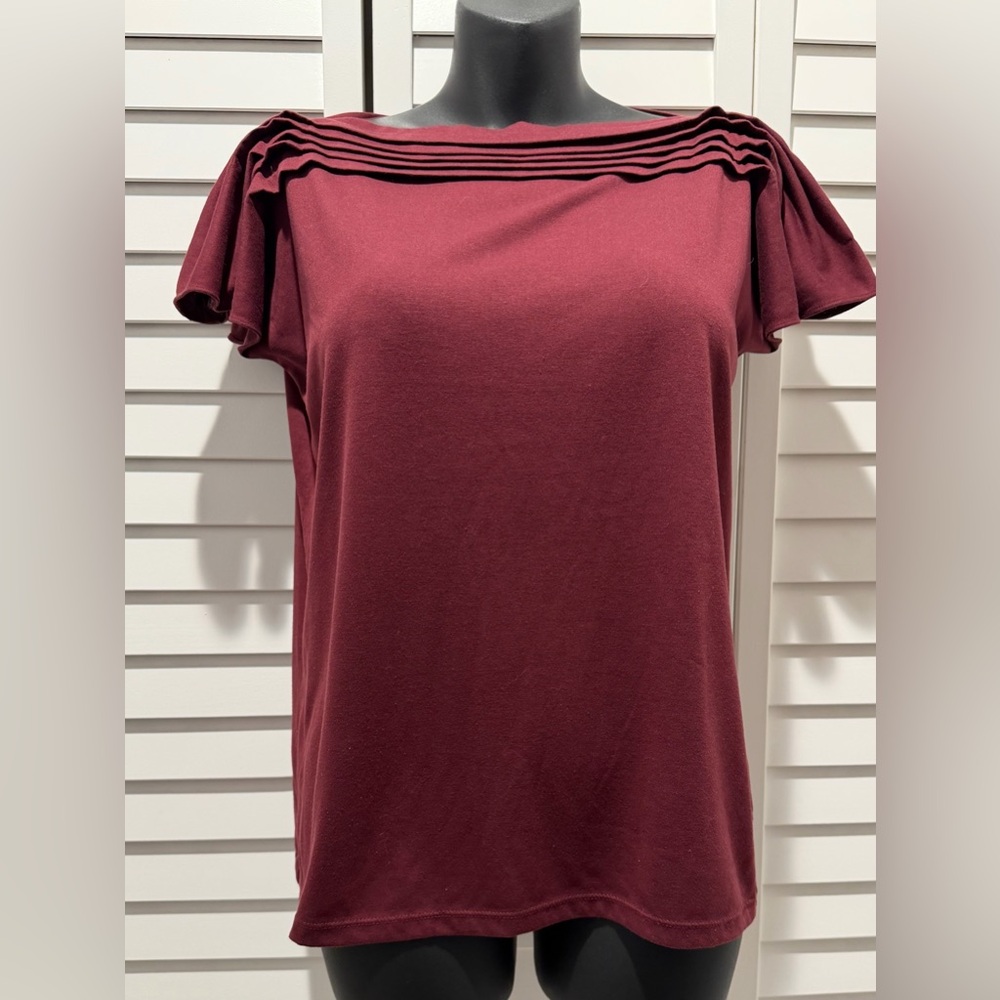 Talbots Petite Burgundy Tee with Ruffle sleeves
